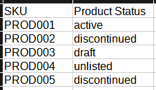 Screenshot showing example product status values as provided in the feed