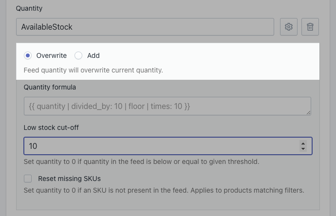 Set whether you want to overwrite or add the feed quantity to the stock