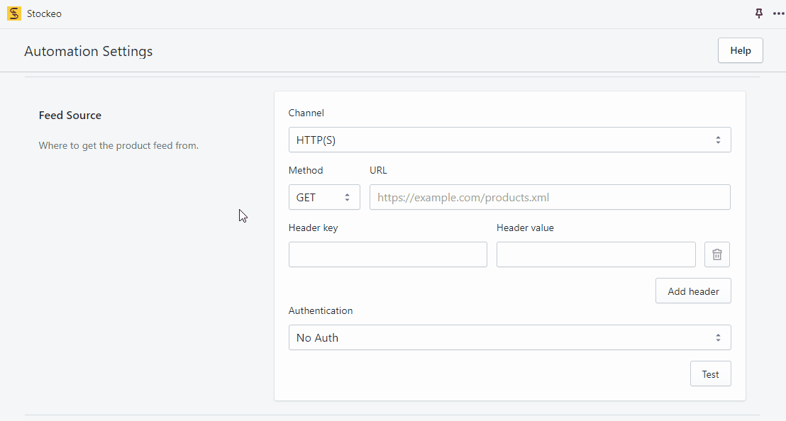 How to set up feed source in the Stockeo app for Shopify animated
