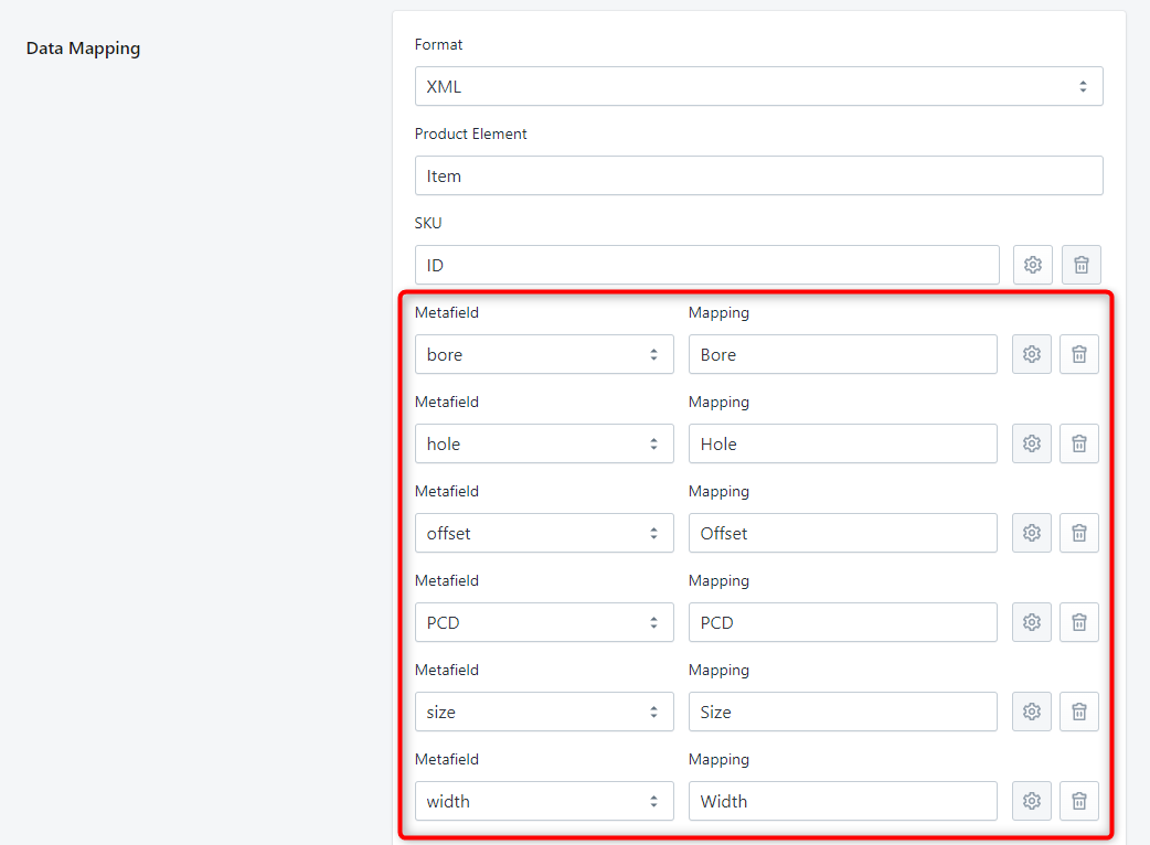 Data Mapping section of Stockeo automation with added metafields annotated