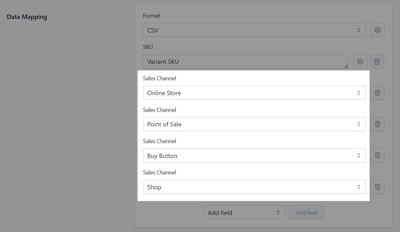 Screenshot showing Stockeo settings for publishing products to selected sales channels