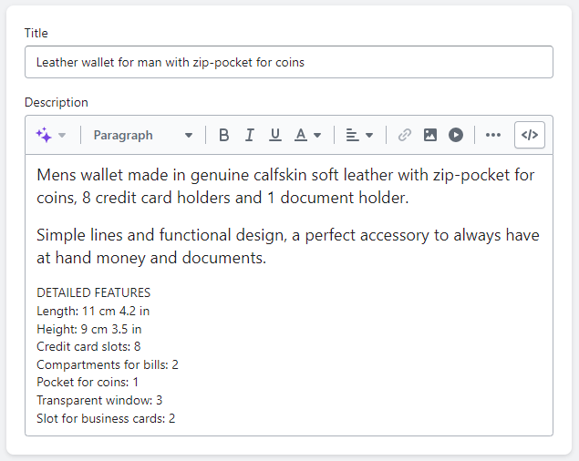 Automatically created description for a product in the Shopify store