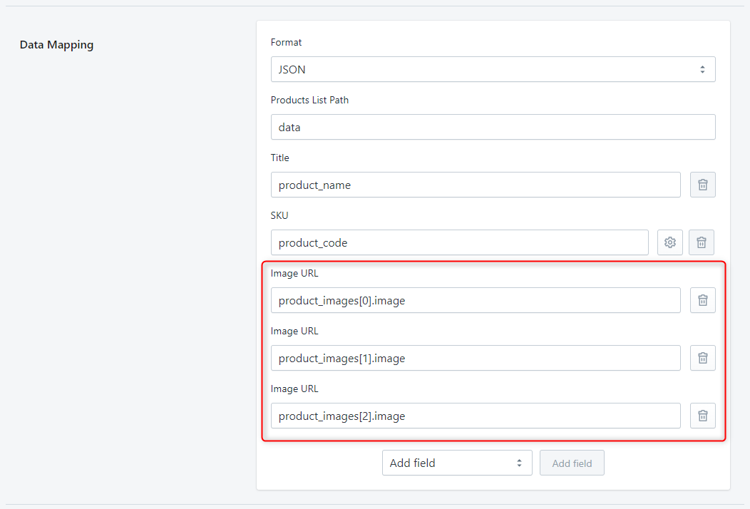 Stockeo settings when Image URLs are stored as a property of the object in the product_images array annotated