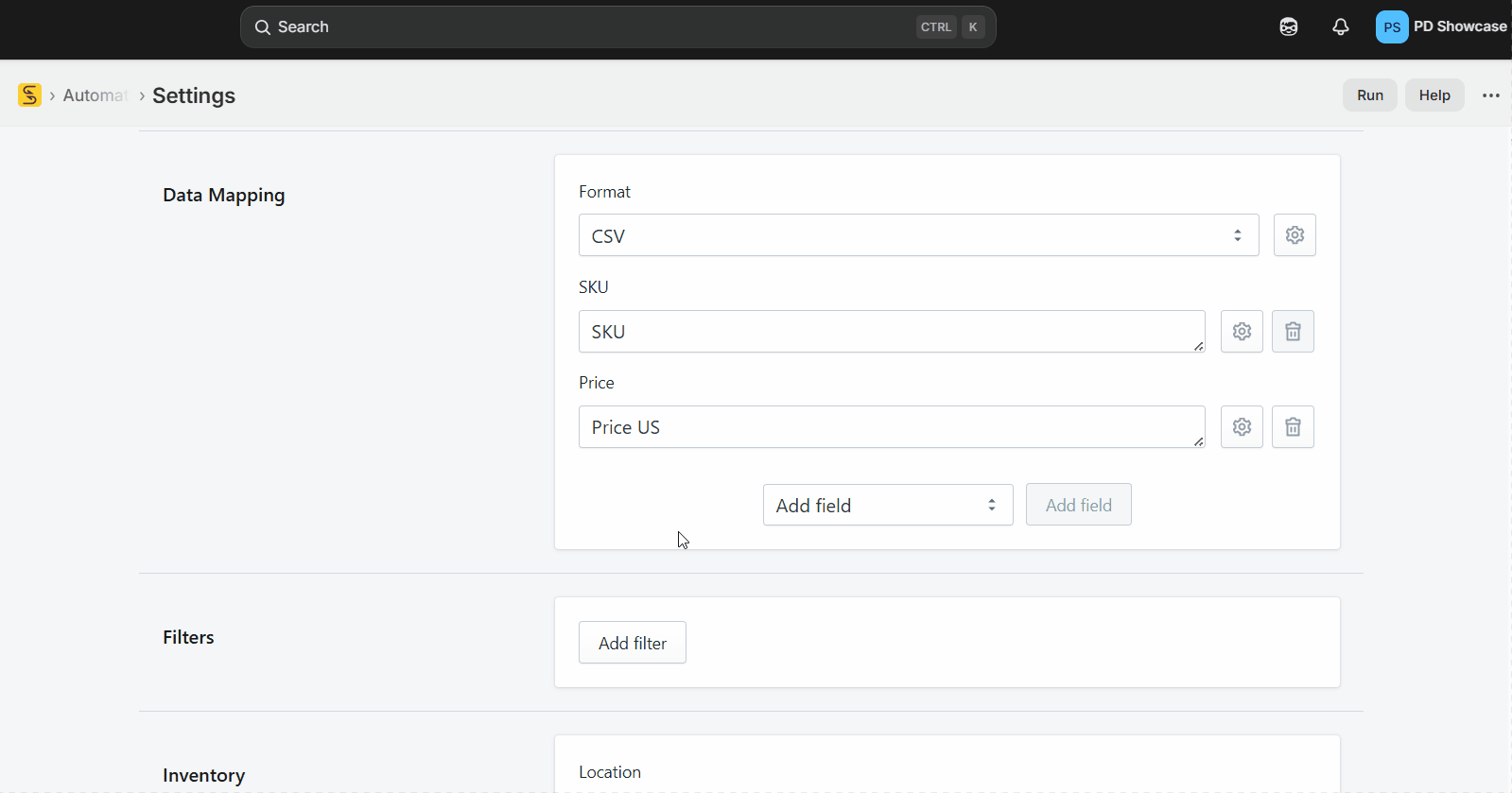 Animation showing how to configure data mapping for different Shopify Markets catalogs