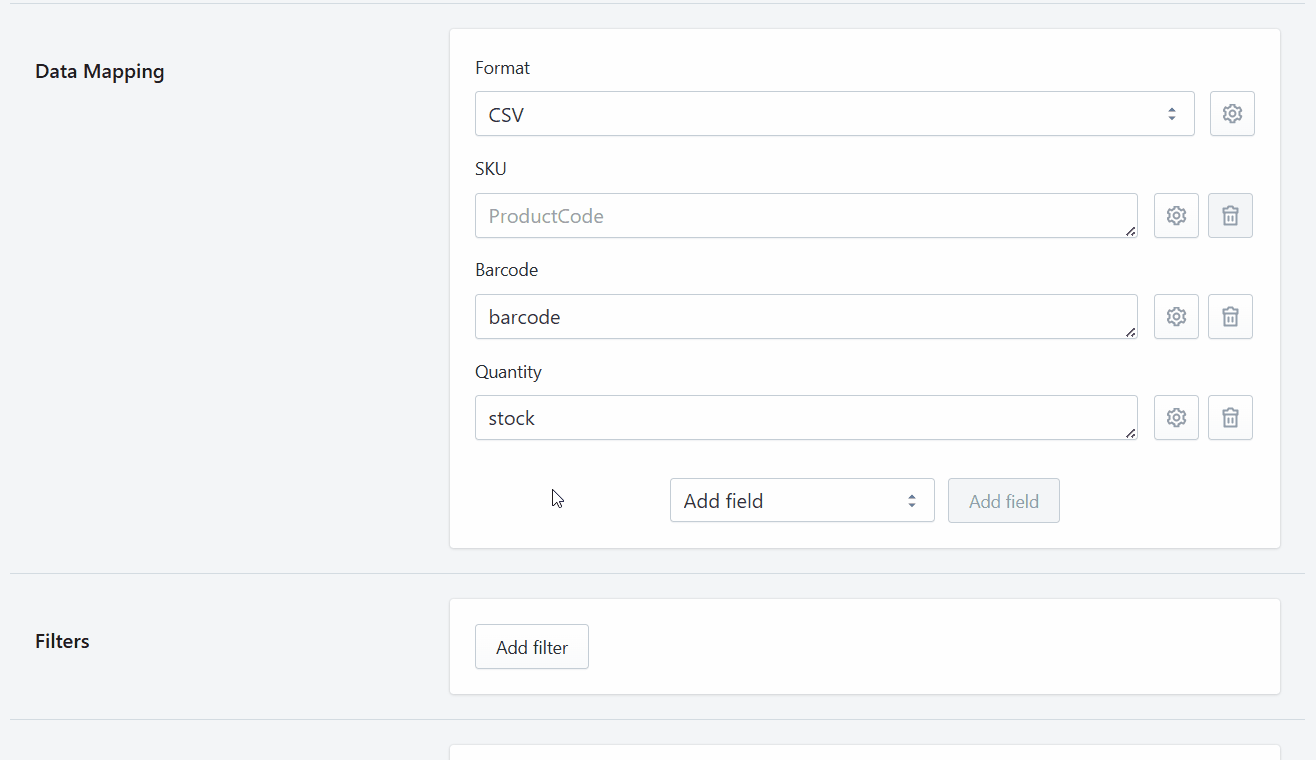 Animation showing how to add the Barcode field in Stockeo Data Mapping and enable the “Use as variant ID” option