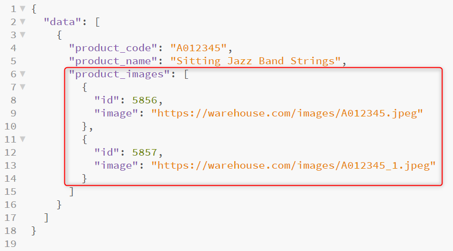 Image URLs are stored as a property of the object in the product_images array annotated