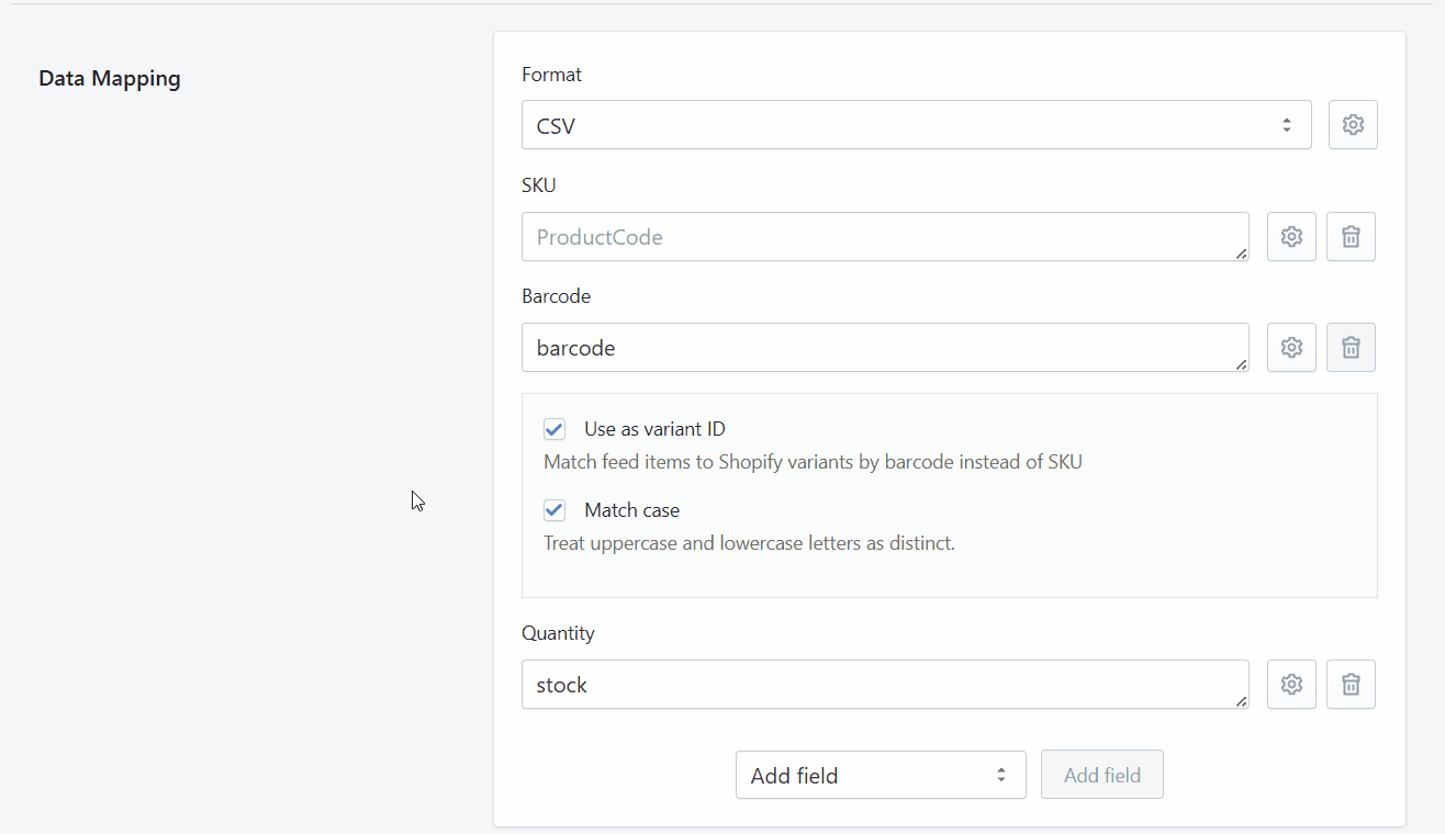 Stockeo Data Mapping section showing the SKU field being removed after setting an alternative variant identifier