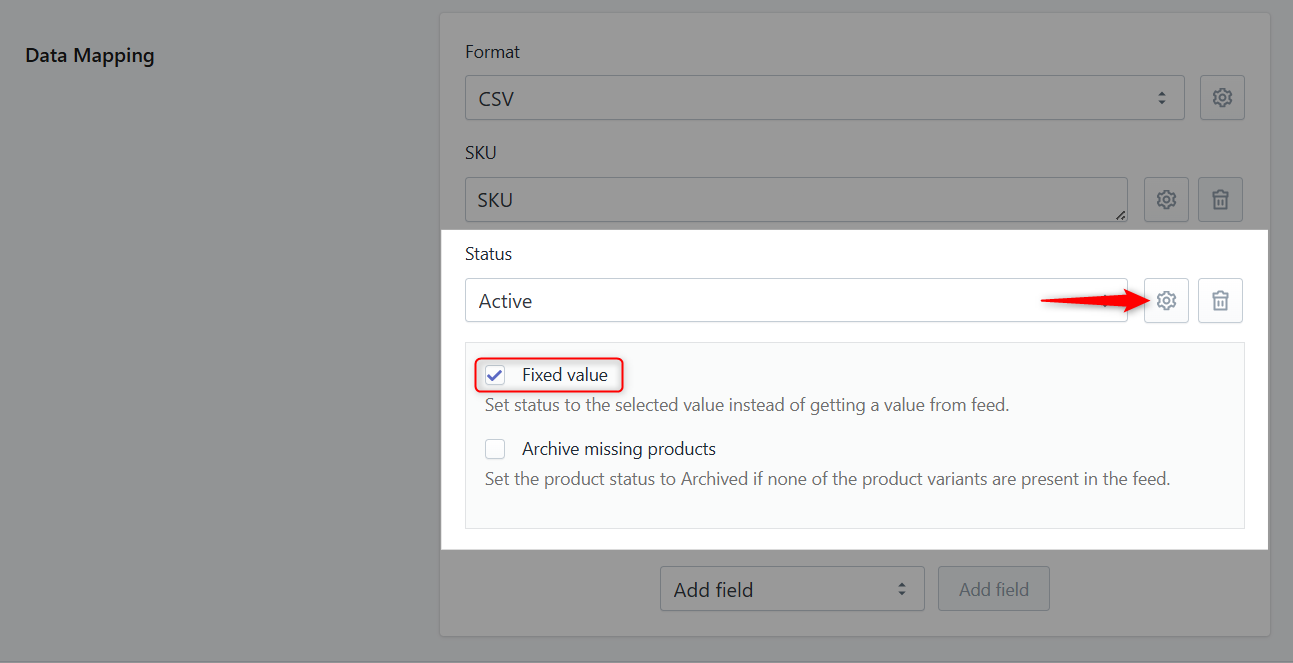 Screenshot showing the fixed status settings for products in Stockeo