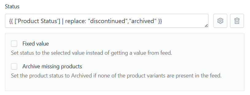 Screenshot showing a Liquid formula in Stockeo used to convert product status values from the feed to Shopify-supported statuses
