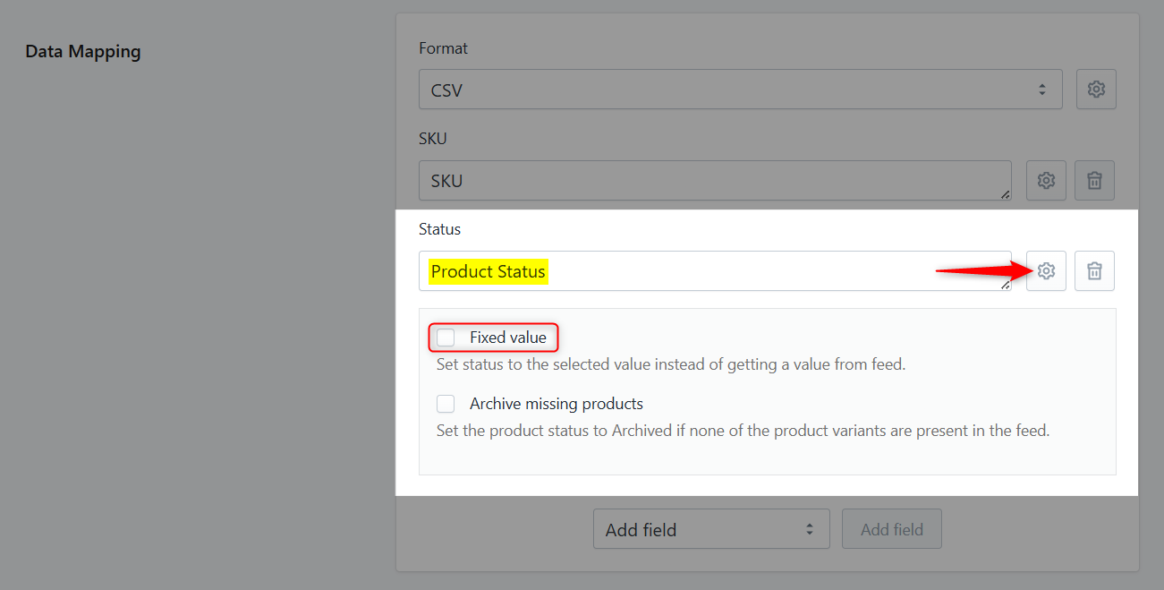 Screenshot showing how Stockeo maps product status values from the feed to Shopify